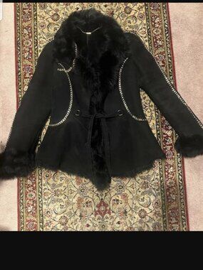 Roberto Cavalli Shearling Fur Jacket Black with Gold Chain